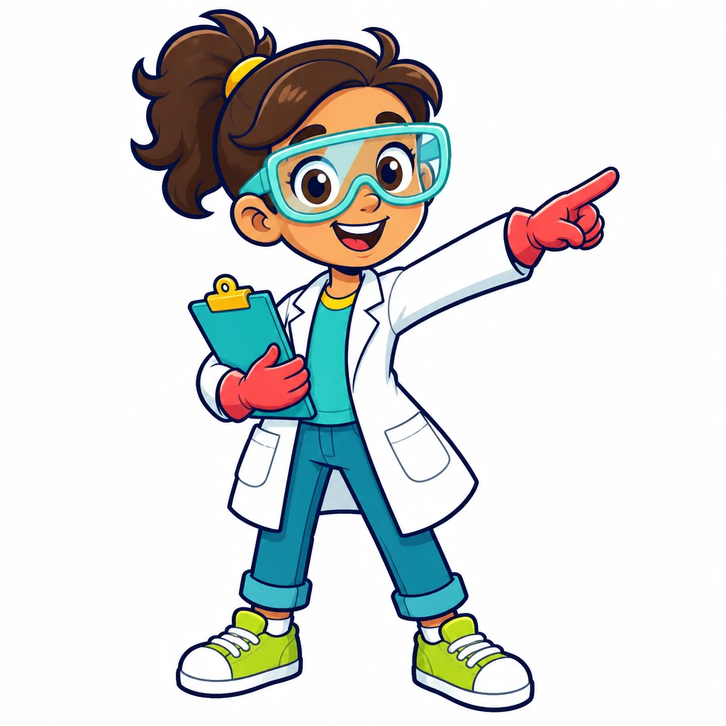 Dr Nova, a friendly scientist pointing at the balance