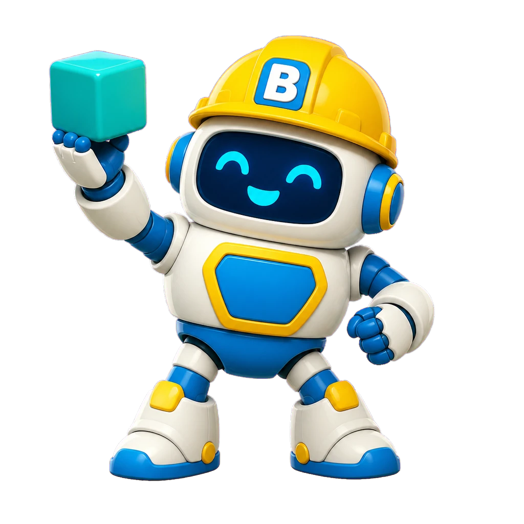 Builder Bot, a friendly white and blue construction robot holding a teal block