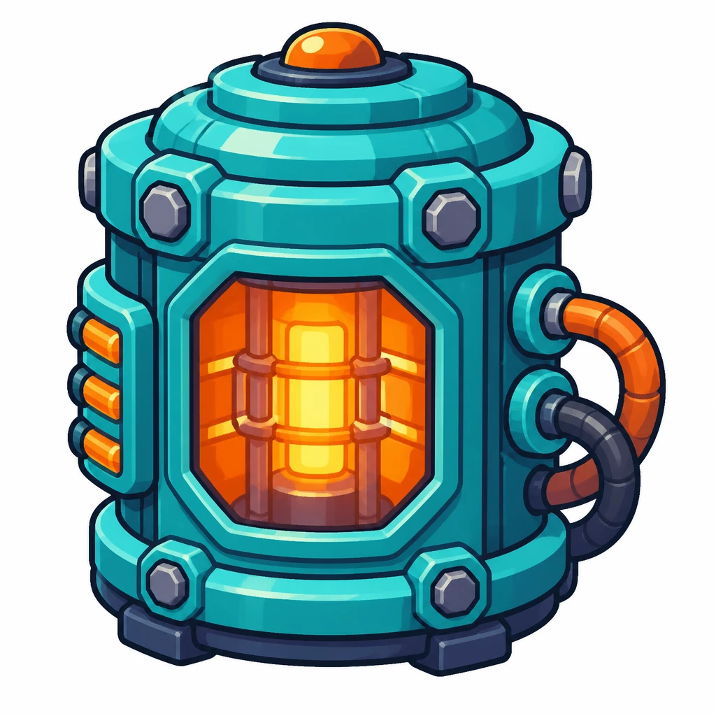 A glowing teal arcade power core