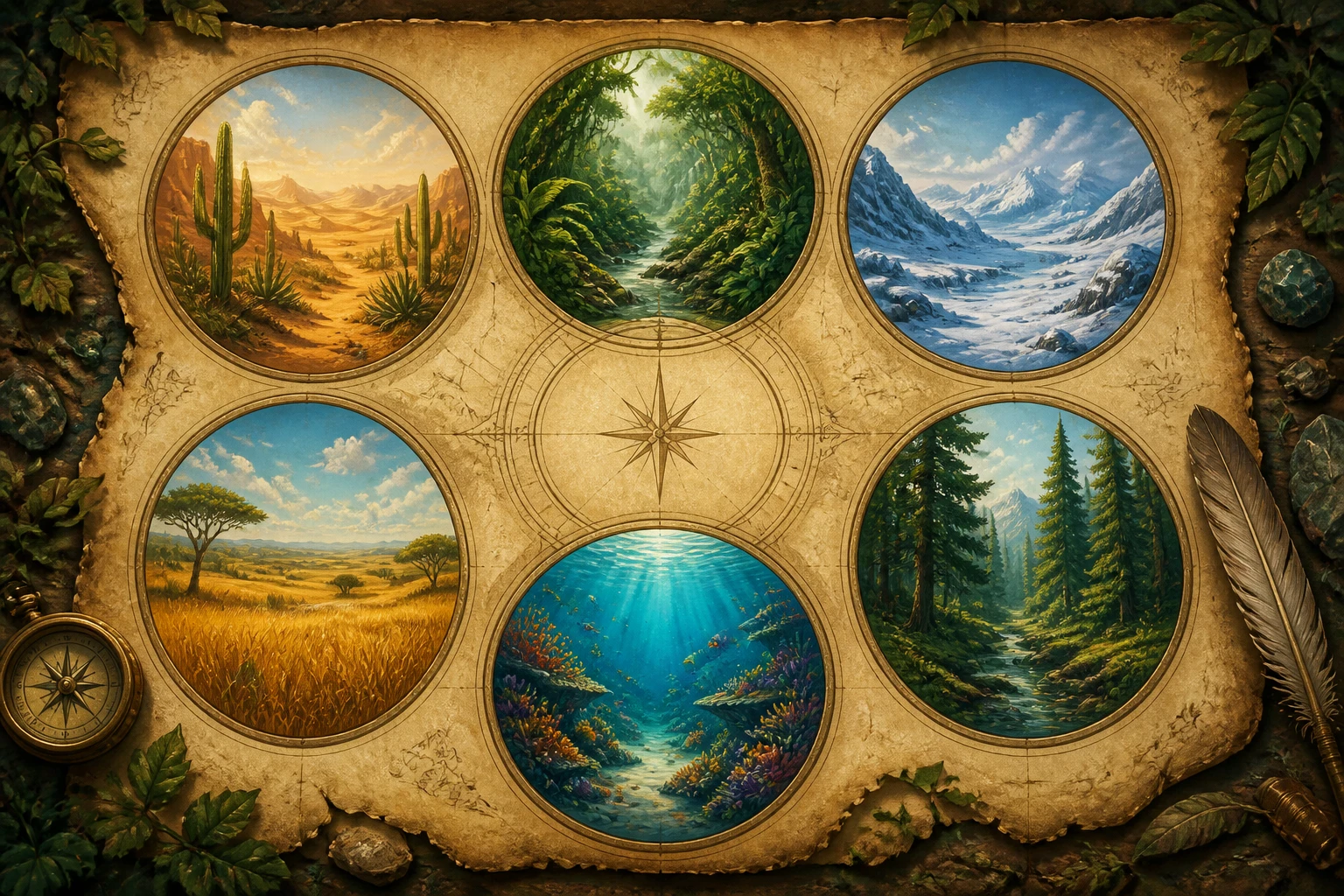 An explorer journal with desert, rainforest, tundra, grassland, ocean, and forest portals