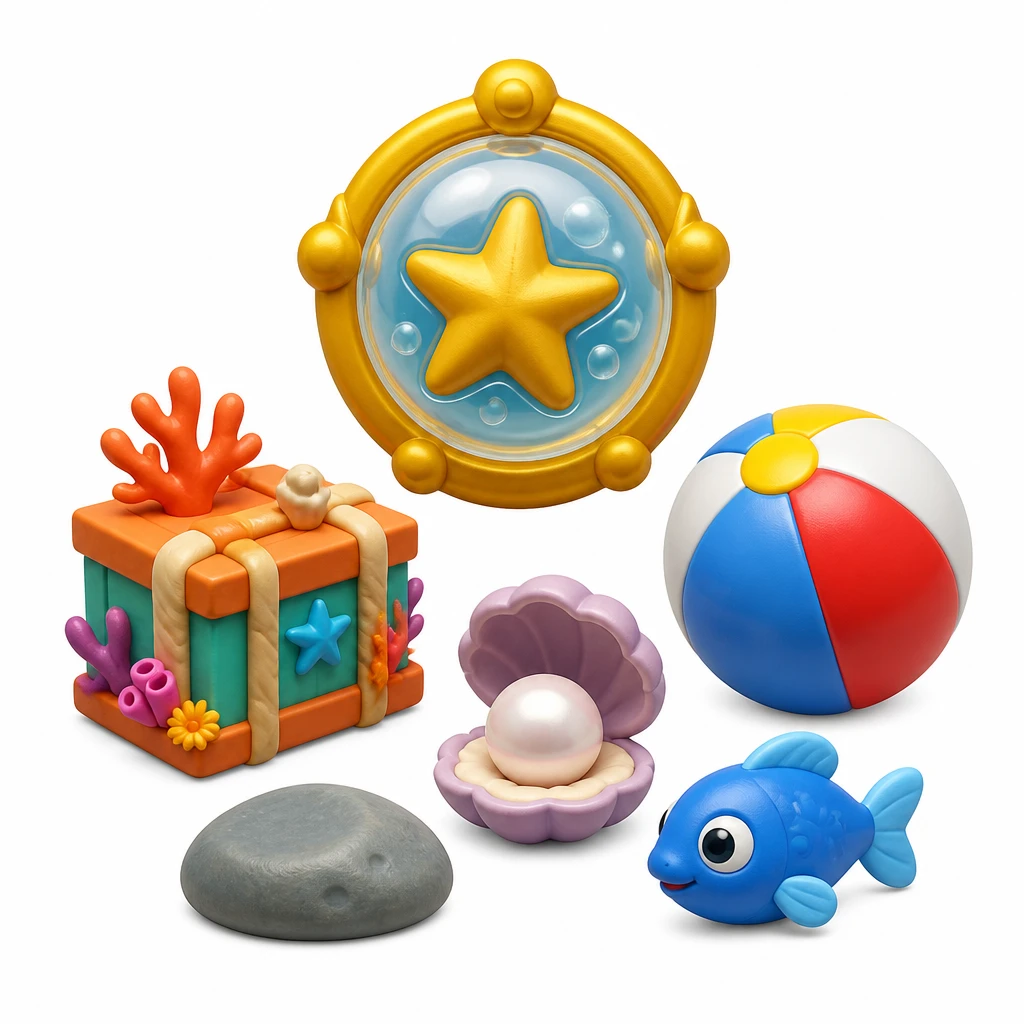 A golden dive badge with ocean experiment props