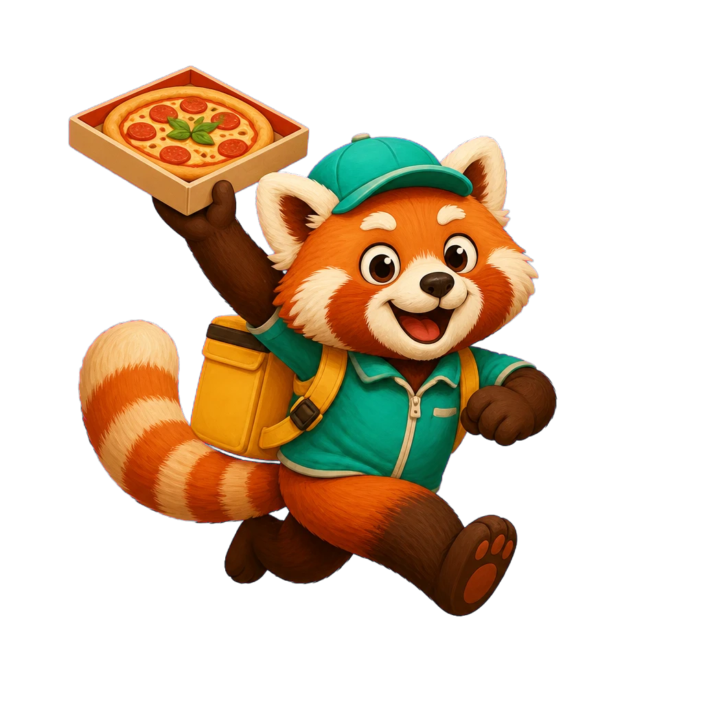 Dash, a cheerful red panda pizza courier