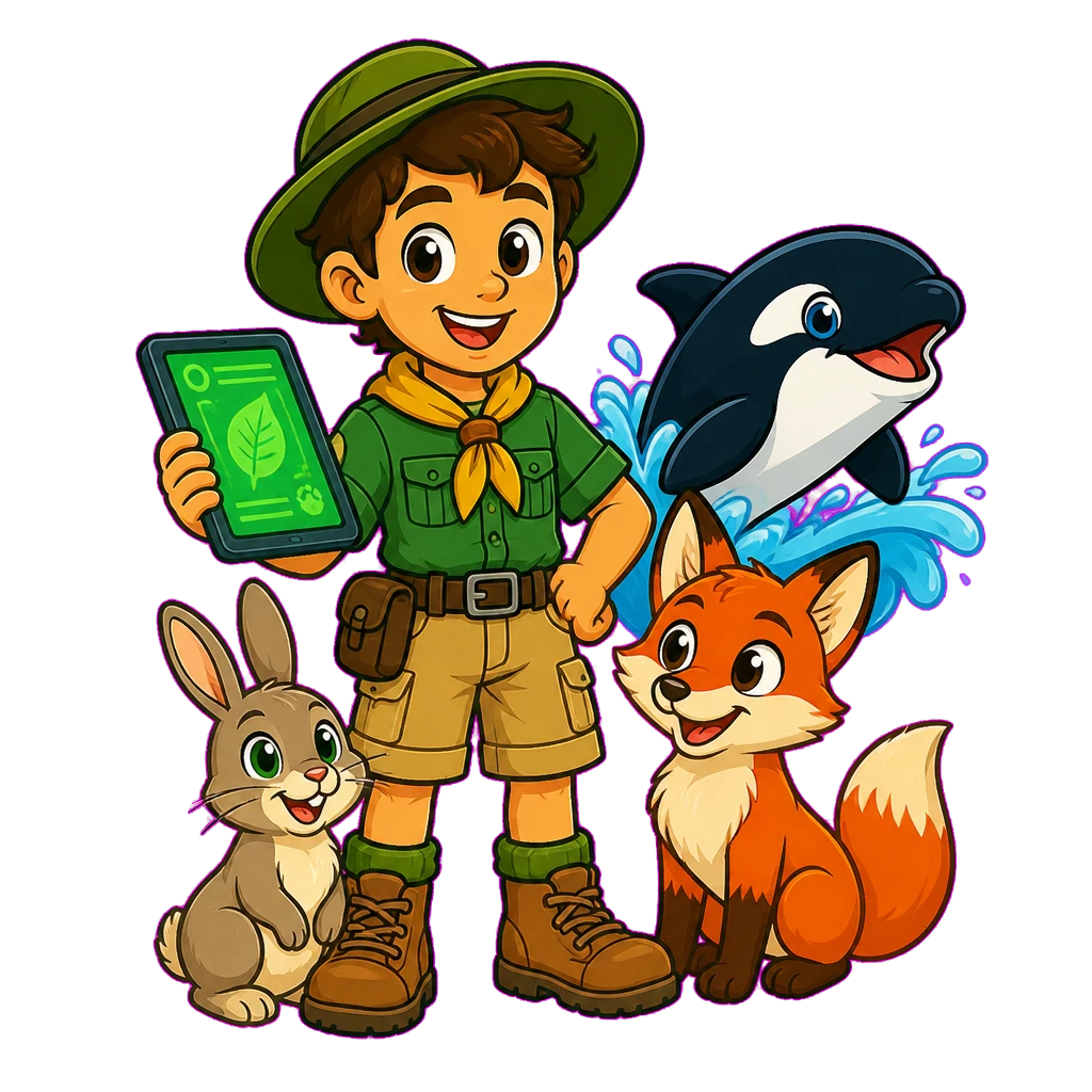 Scout Rowan with a rabbit, fox, and orca