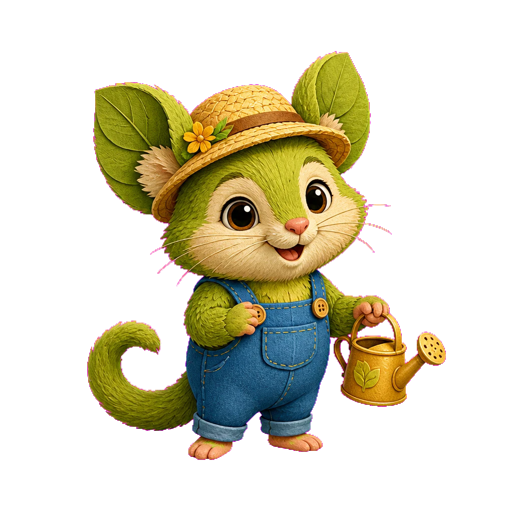 Sprig, a cheerful green gardener critter holding a watering can