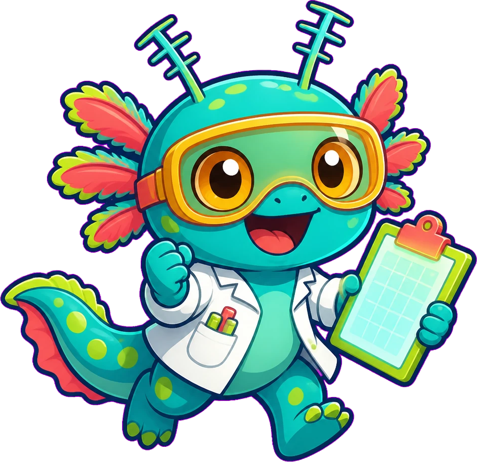 Pipette, a teal lab critter wearing amber goggles