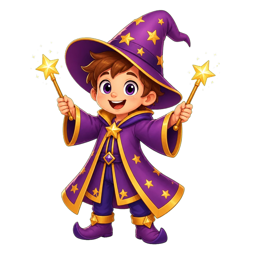 A friendly wizard holding two star wands