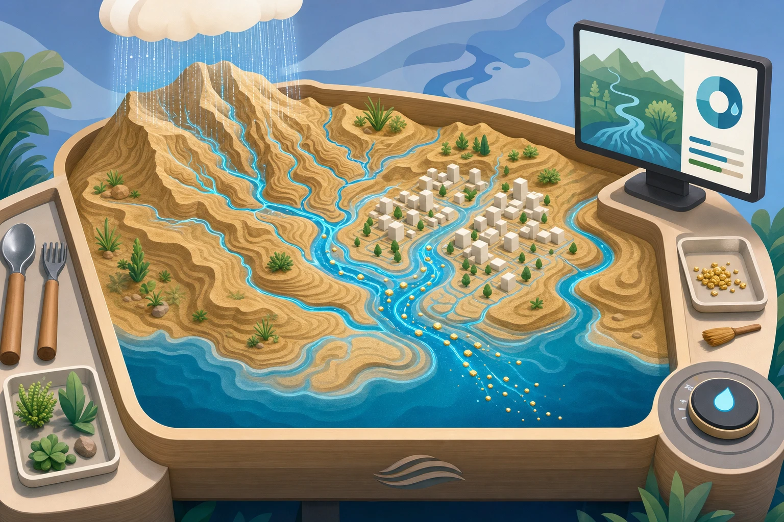A richly illustrated tactile watershed table with mountains, branching rivers, sediment, plants and River City
