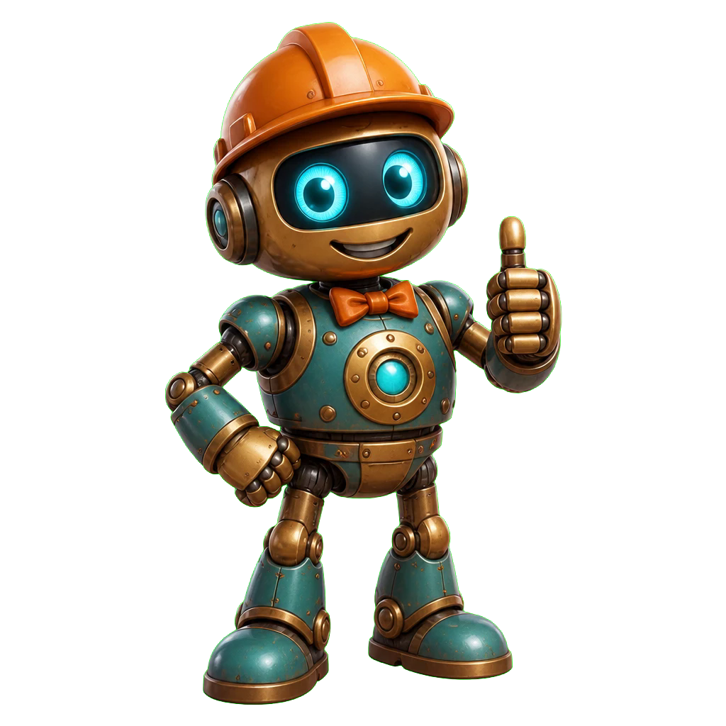 Rivet, a friendly teal and brass robot foreman