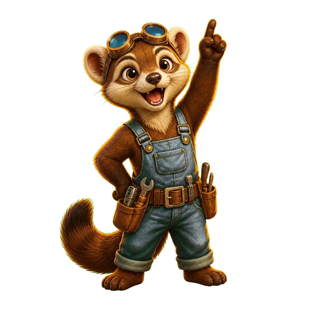 Nib, a cheerful pine-marten inventor in teal overalls