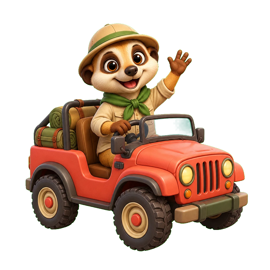 Ako the meerkat waving from a tiny safari jeep