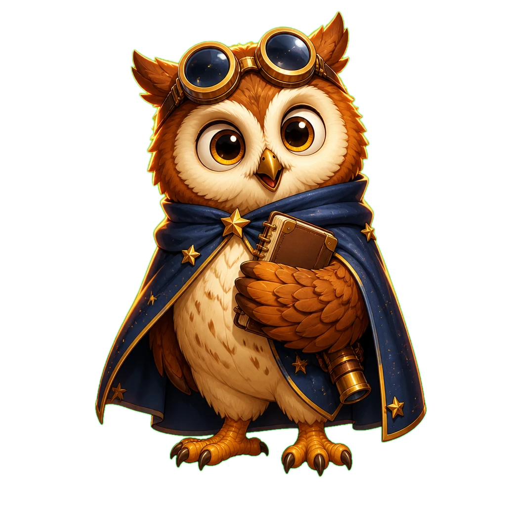Nova, a cheerful astronomer owl in a starry cape