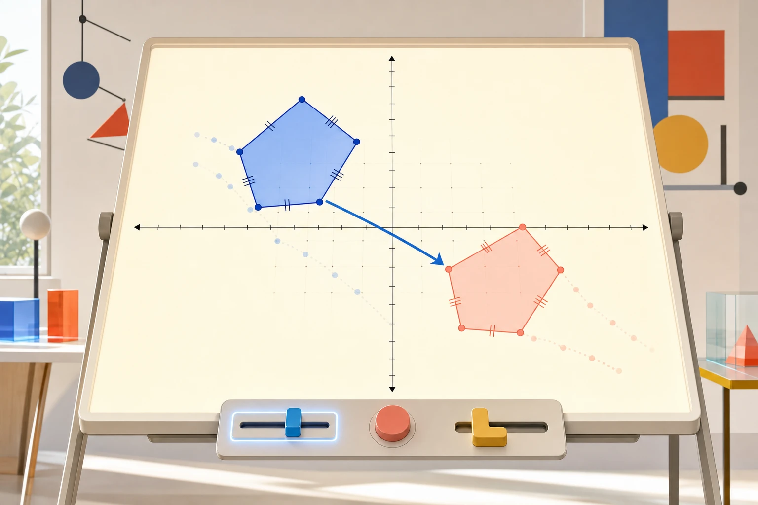 A sunlit illustrated geometry studio with a physical transformation light table